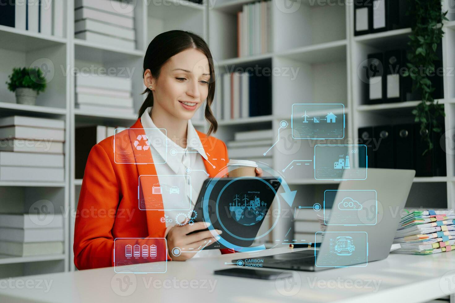Business working with reduce CO2 concept with icons, global warming such as reforest green factory recycle and zero carbon dioxide emission concept. with VR icon at office photo