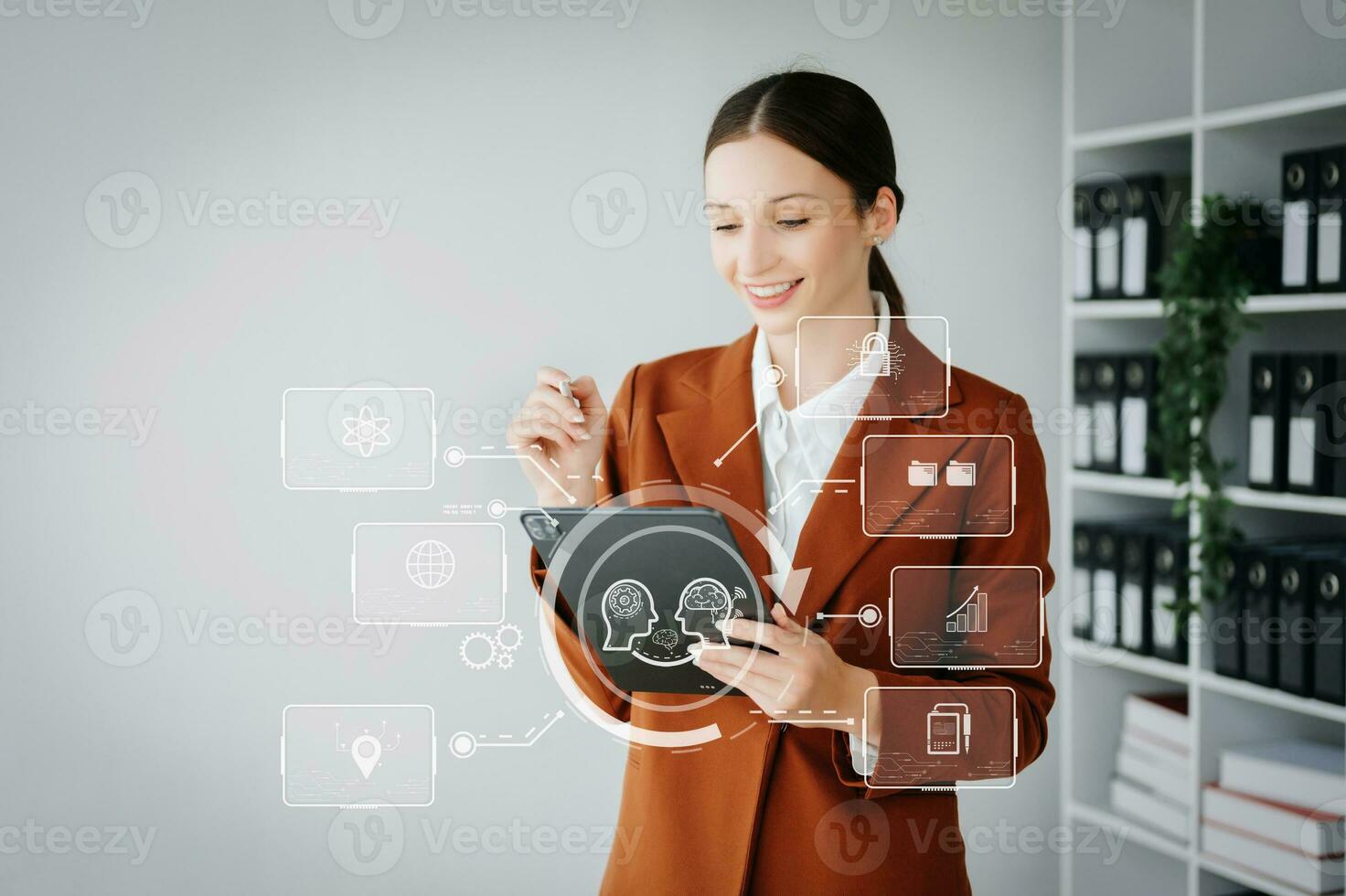 Woman using chat bot in smartphone intelligence Ai. Chat with AI Artificial Intelligence, developed by OpenAI generate. robot in online system. in office photo