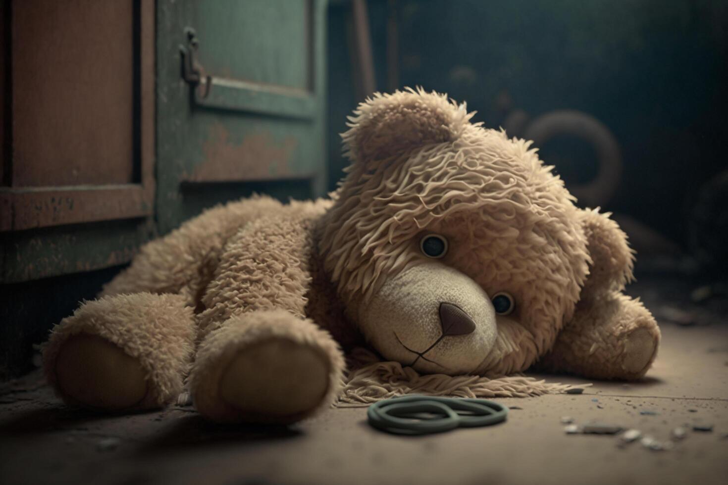 Sad lonely teddy bear lying on the floor symbol of abuse victims photo