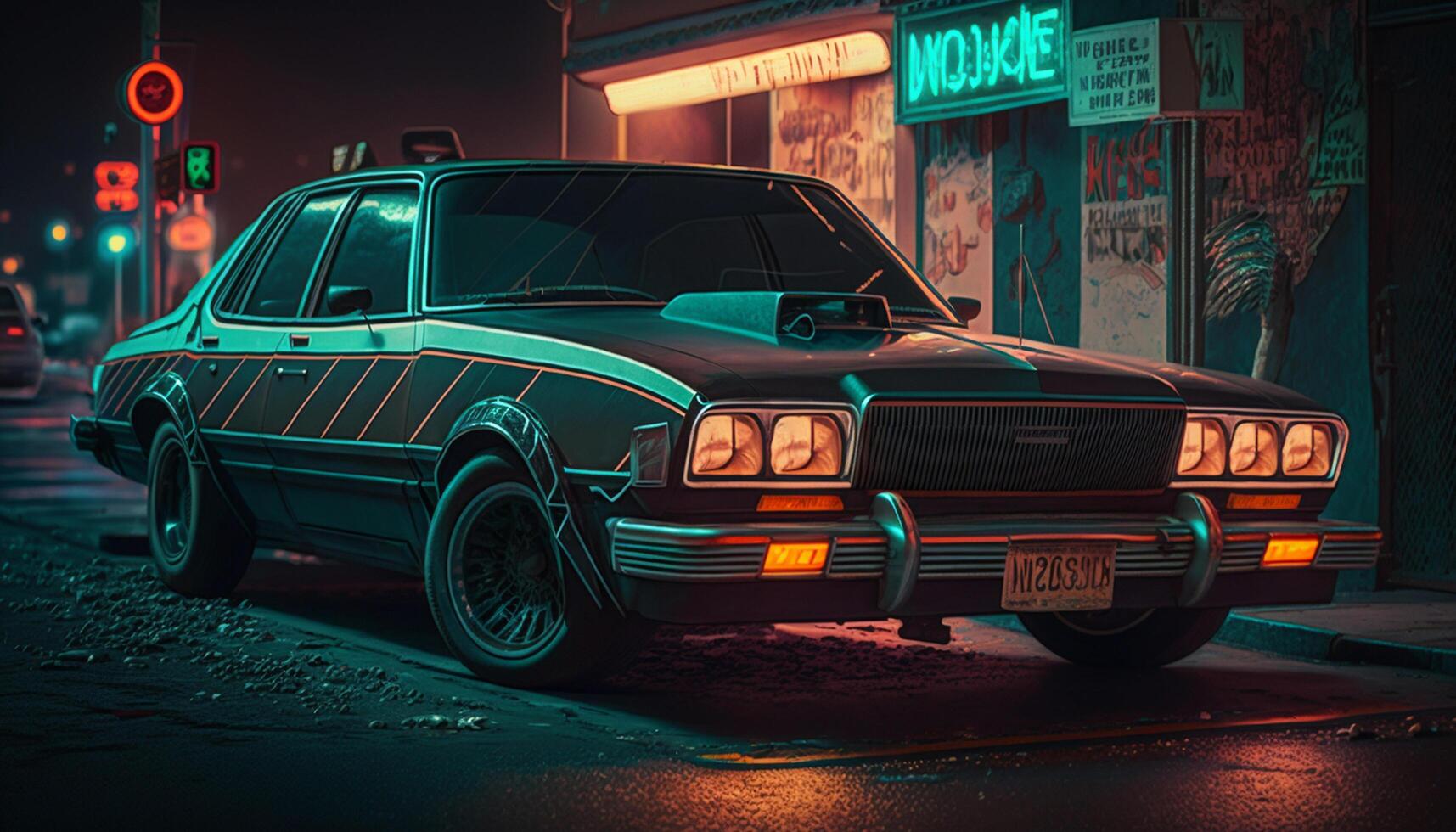 Cruising Down Memory Lane 80s Car on a Neon-Lit Street photo