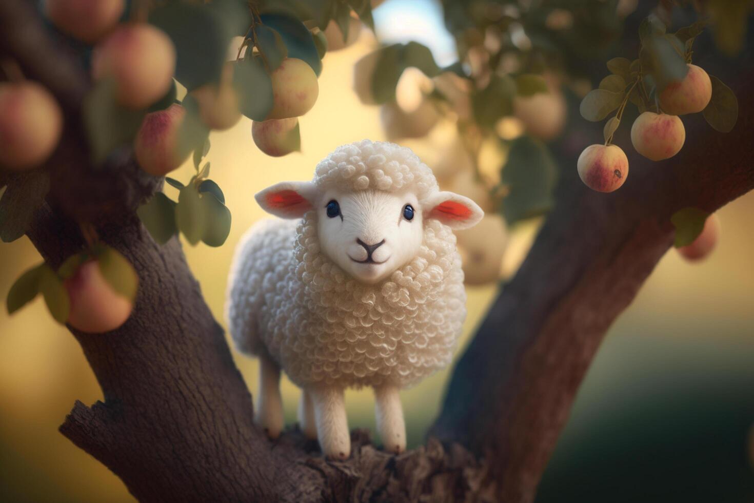 Cute and Funny Woolen Sheep Among Apples in a Lush Summertime Apple Tree photo