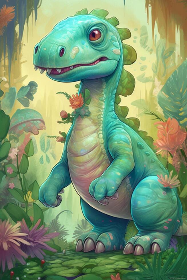 caprichoso y vistoso digital cómic Arte de iguanodon aventuras en un mundo de divertido y fiesta ai generado foto