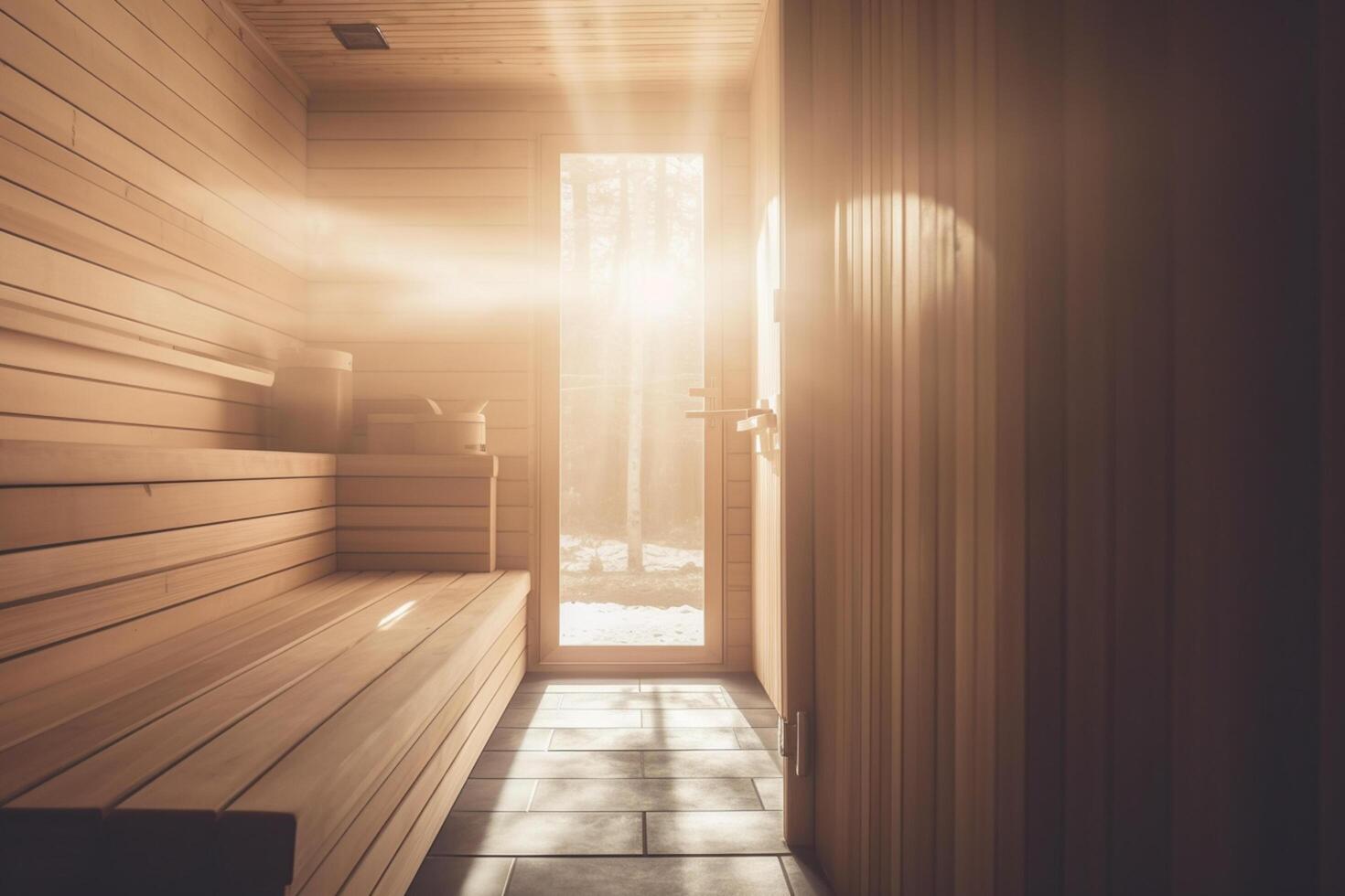 sereno sauna oasis calentar de madera interior bañado en luz de sol ai generado foto