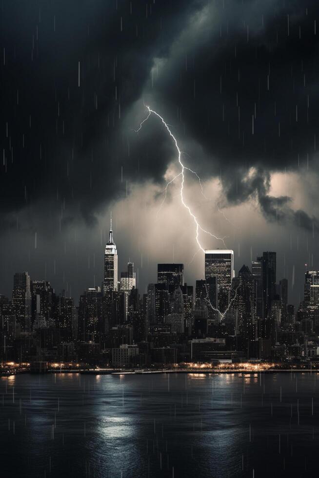 Financial Storm City Skyline during Bank Run with Thunder and Lightning photo