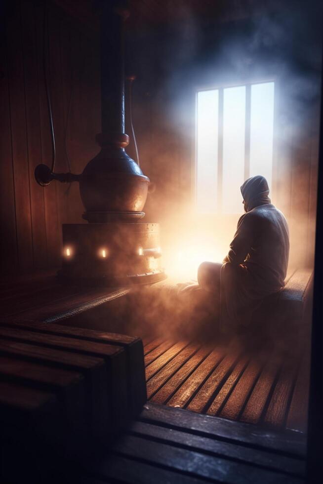 Sweating in the Sauna Person Relaxing in Steamy Room photo