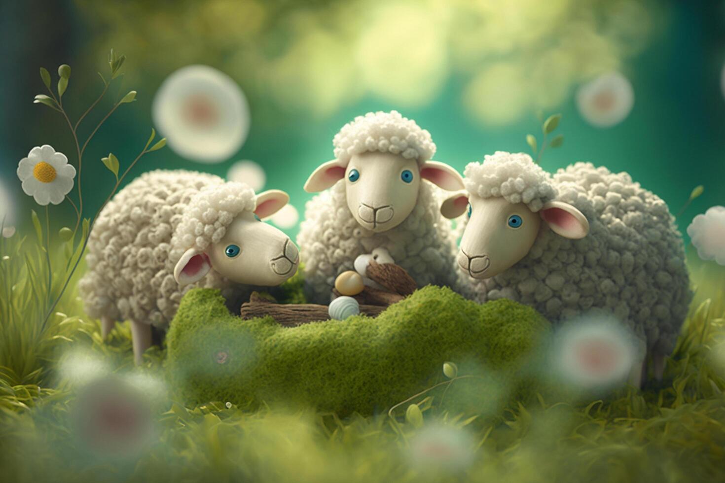 A Flock of Playful Fluffy Sheep Grazing on a Green Spring Meadow photo