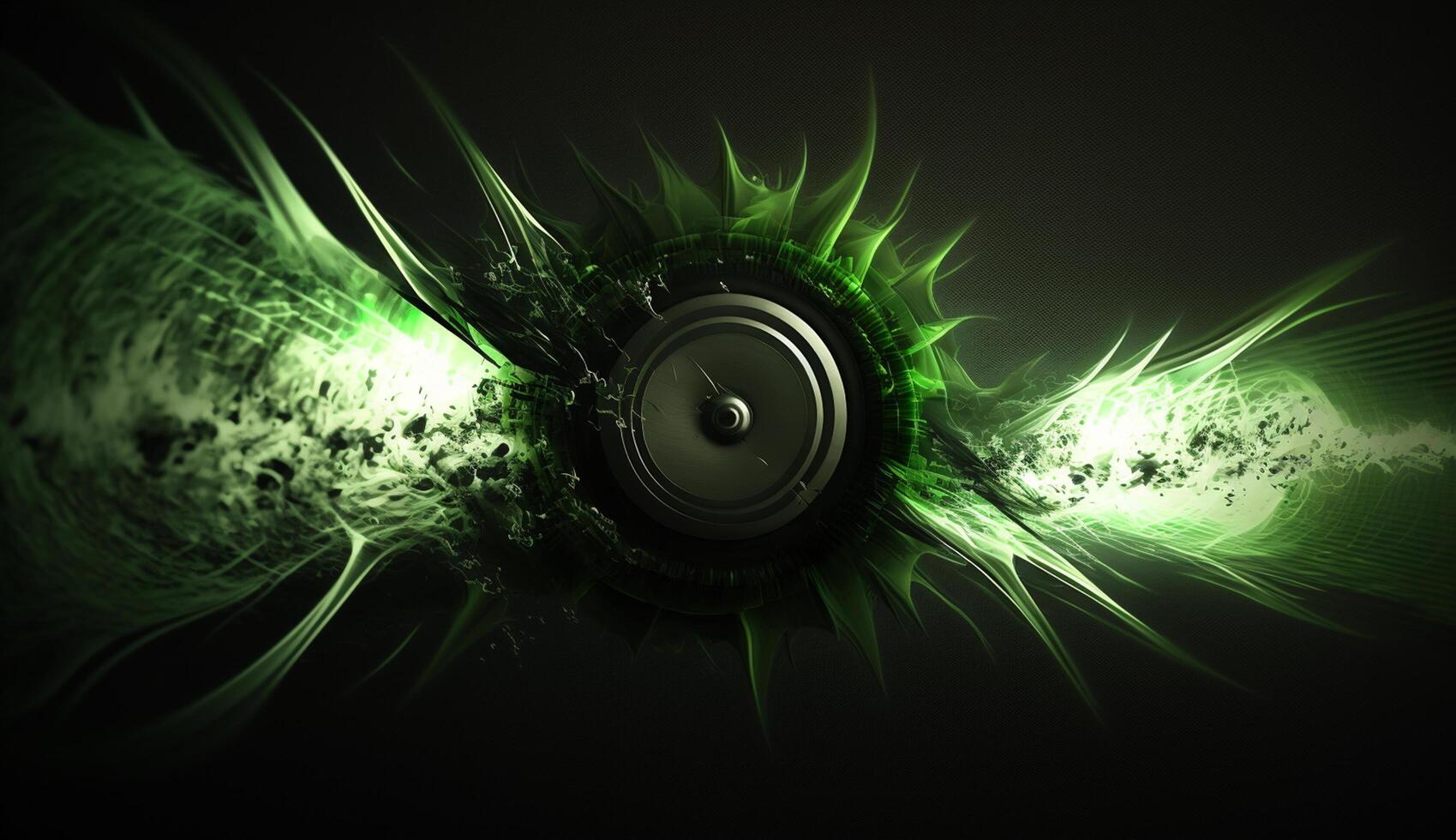 Green sound waves emanating from speaker on dark background, abstract photo