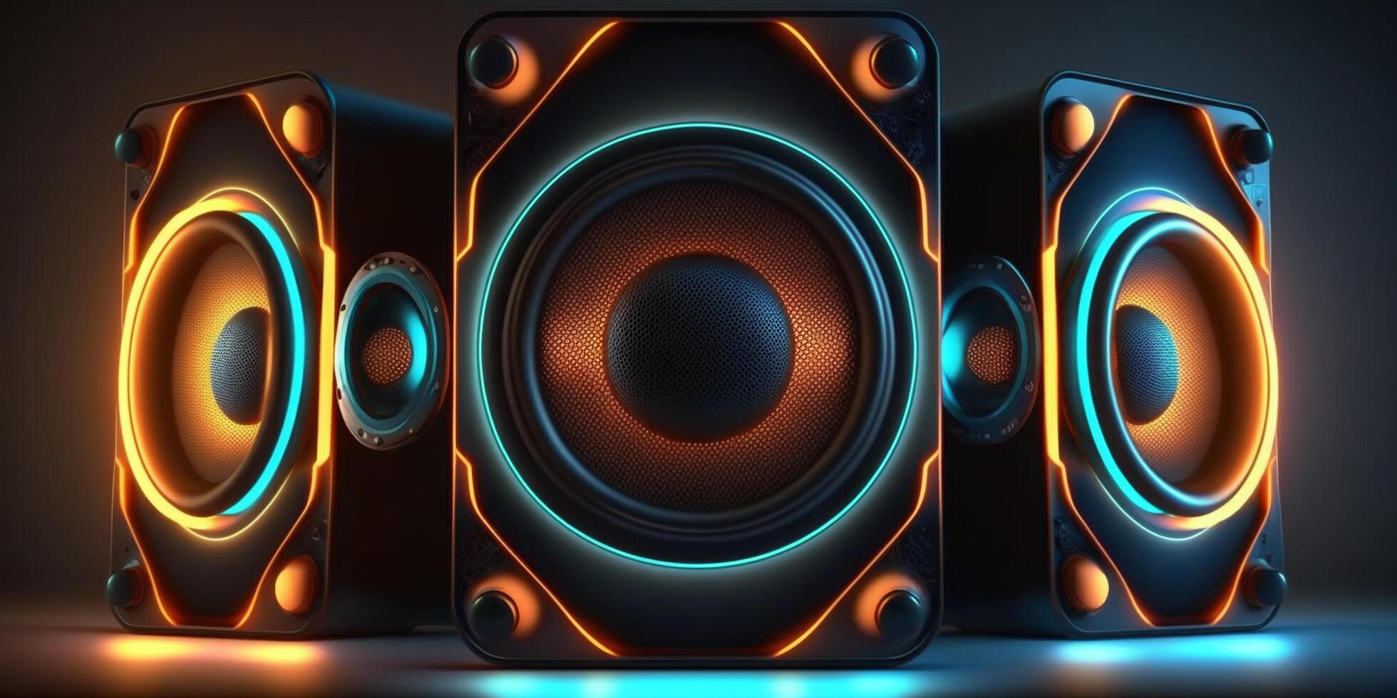 ilustración de neón ligero sonido Altavoces música cajas ai generado contenido foto