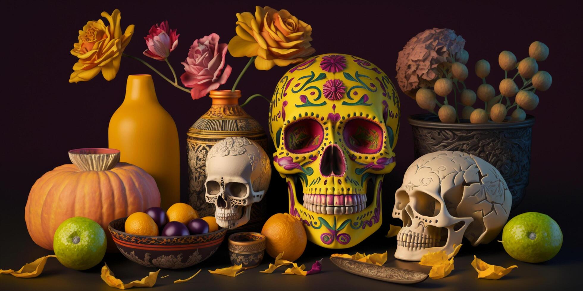 Vibrant Colorful Still Life of Decorated Skulls with Pumpkins, Candles and Traditional Mexican Decor Celebrating Day of the Dead - Dia de Muertos photo