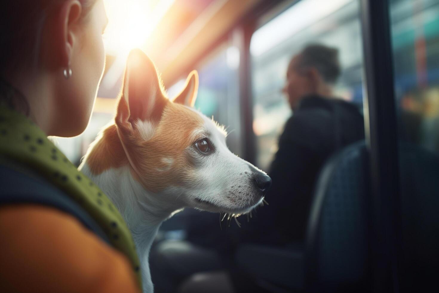 paciente perro en público tránsito un perro en su del propietario regazo en un ocupado tranvía ai generado foto