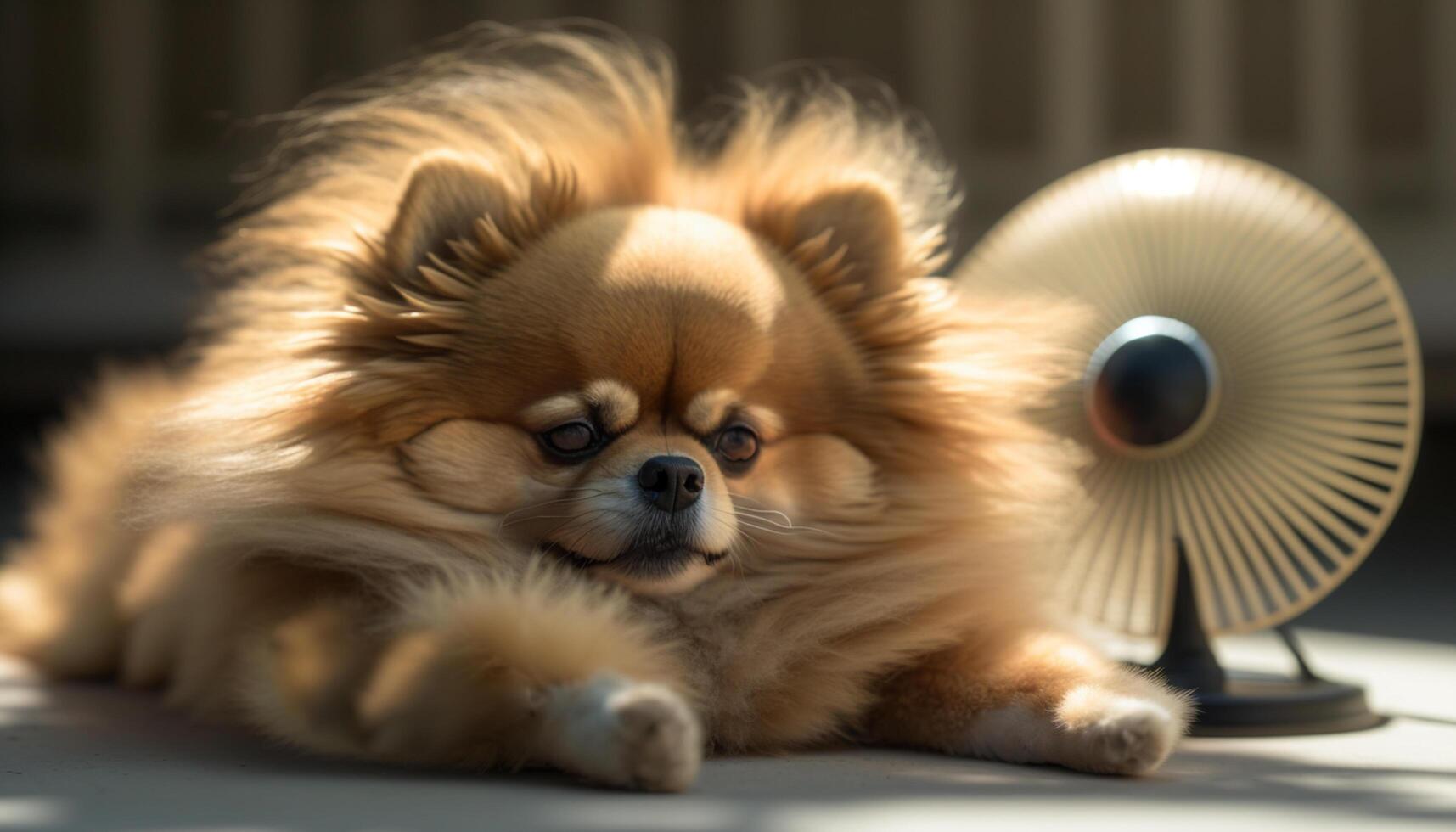 adorable pomeranio perro enfriamiento apagado en frente de un ventilador en verano ai generado foto