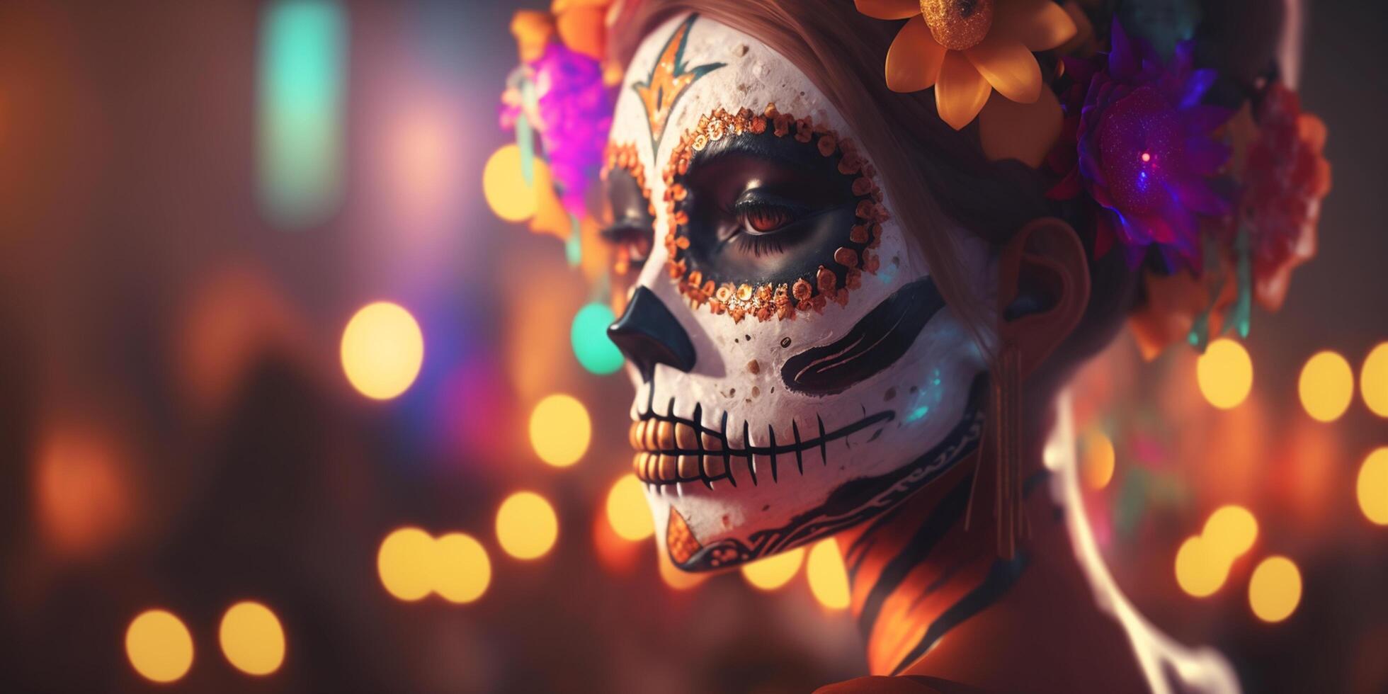 celebrando dia Delaware los muertos mujer con cráneo maquillaje paga tributo a el ancestros ai generado foto