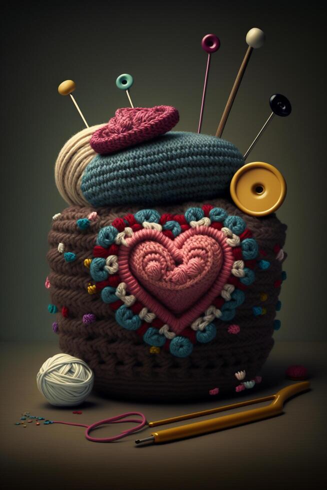 Crocheted Heart with Crochet Accessories on Wooden Table photo