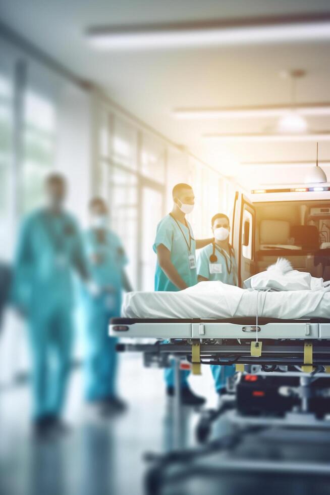 Emergency Medical Team Assisting Patient Transfers on Stretchers in ER photo