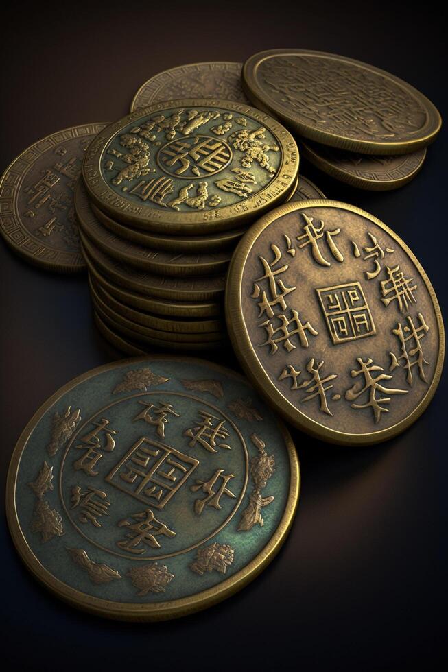 Fortune's Charms Close-Up of Traditional Chinese Lucky Coins photo