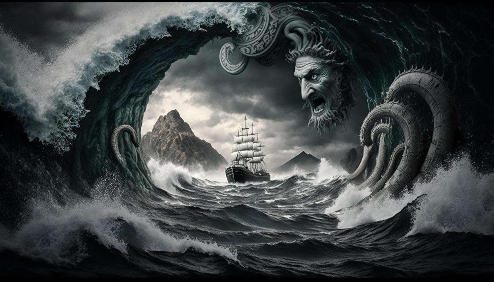 Navigating the Perilous Waters Odysseus Braving Scylla and Charybdis photo