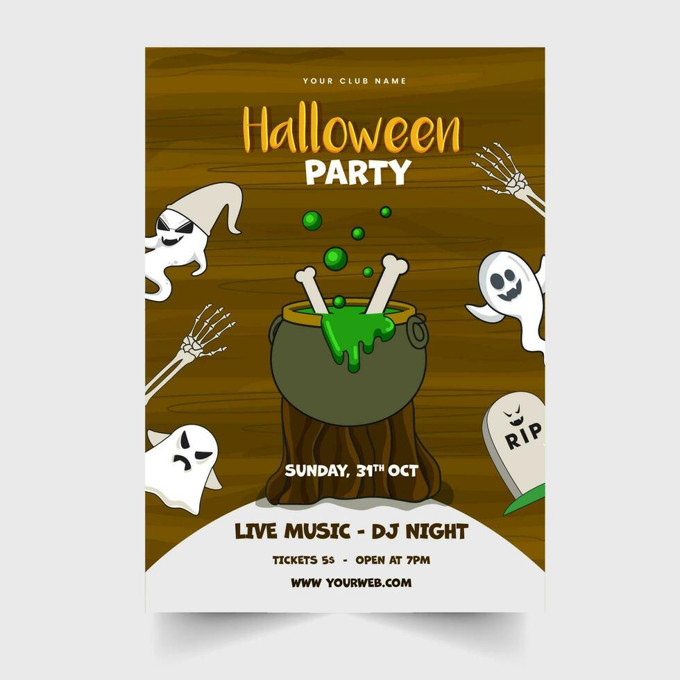 Halloween Party Invitation Card With Boiling Cauldron On Wood Stump. vector