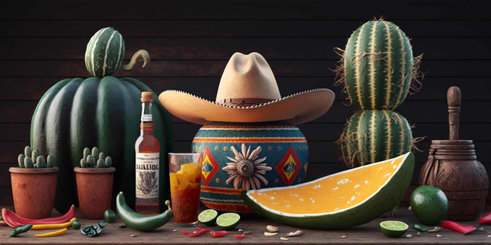 un cinco Delaware mayonesa mexicano todavía vida con Bokeh, un mexicano sombrero y cactus ai generado foto