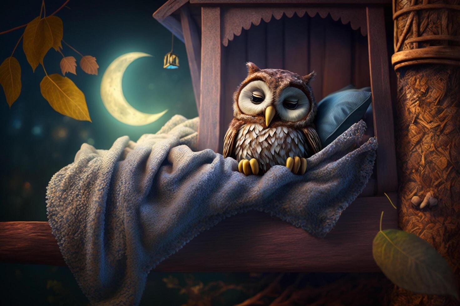 Little tired owl lies bed in tree house and sleeps photo