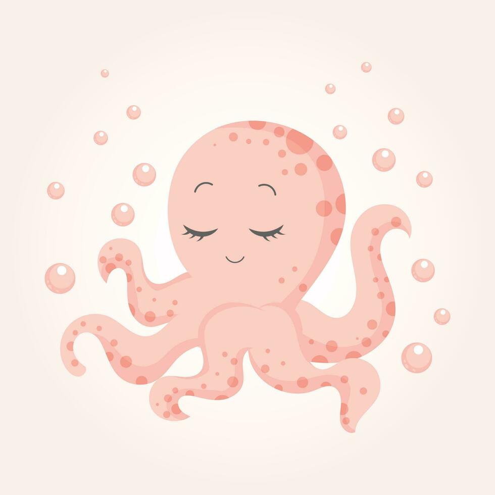 Pink cute cartoon character of baby octopus. Children's card, print, vector