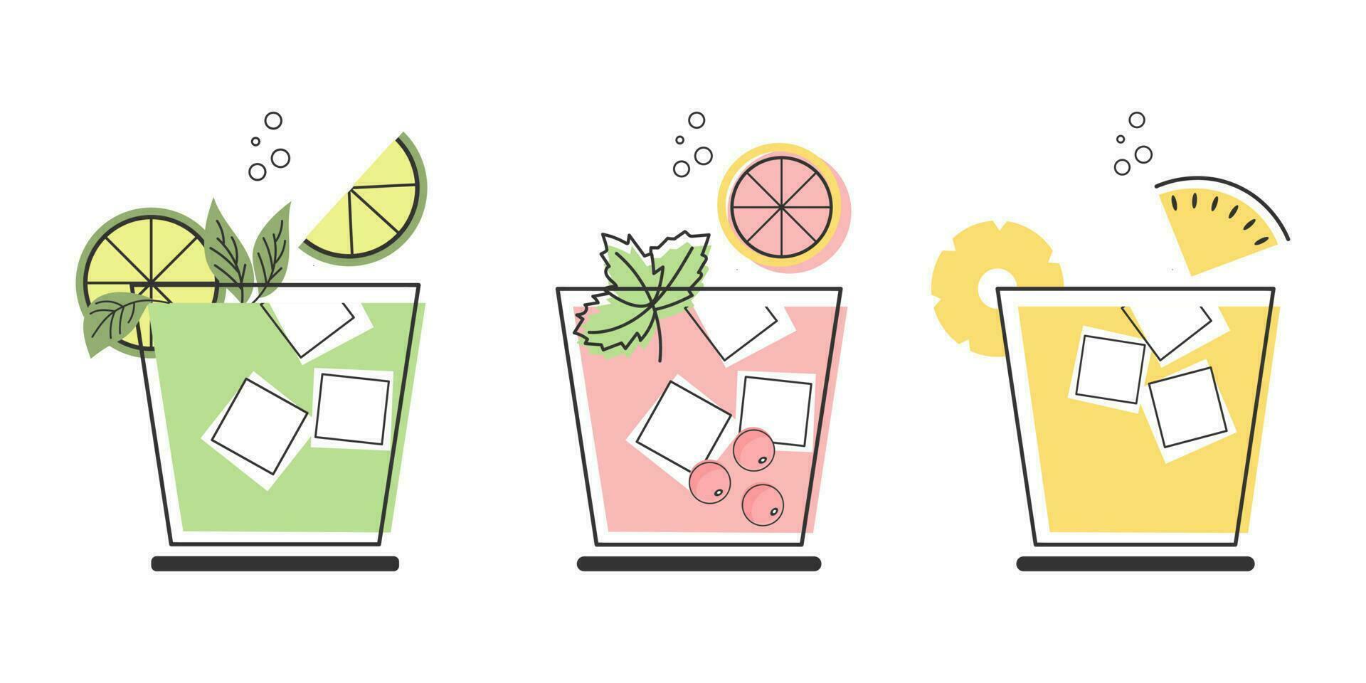 un conjunto de lineal dibujos de refrescante Fruta cócteles con diferente bebidas, hielo cubitos, pajitas y paraguas bebidas iconos, café menú, vector