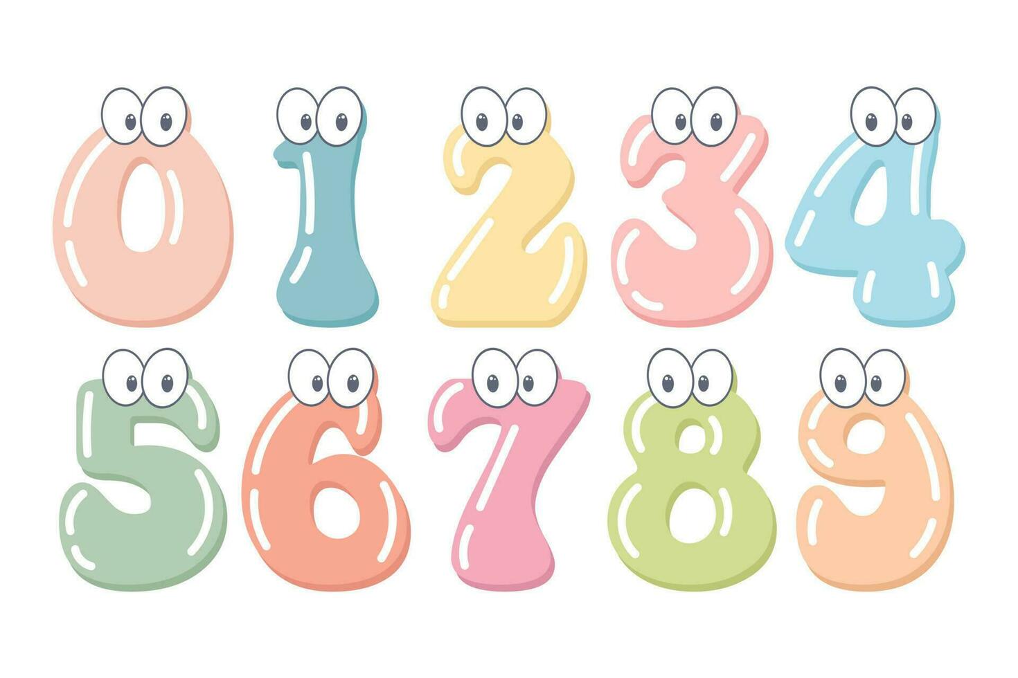 Set of multi-colored children's numbers with funny eyes. Cartoon numbers with emotions. Vector