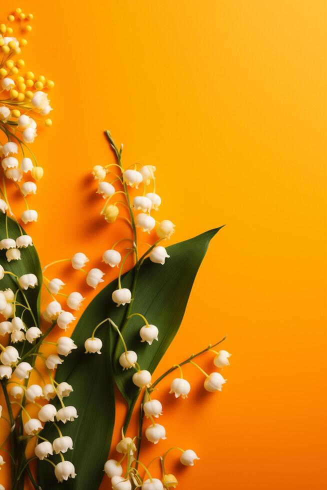 Fragrant Lily-of-the-Valley Blooms on Vibrant Yellow-Orange Background photo