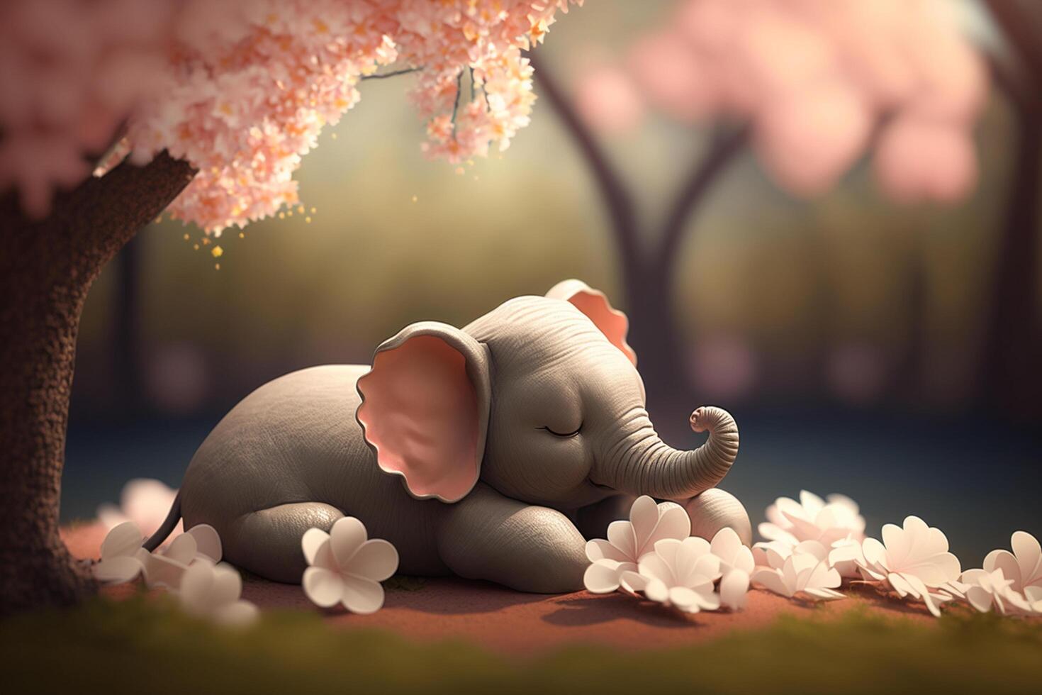 Dreaming Elephant under a Pink Blossom Tree on a Sunny Day photo