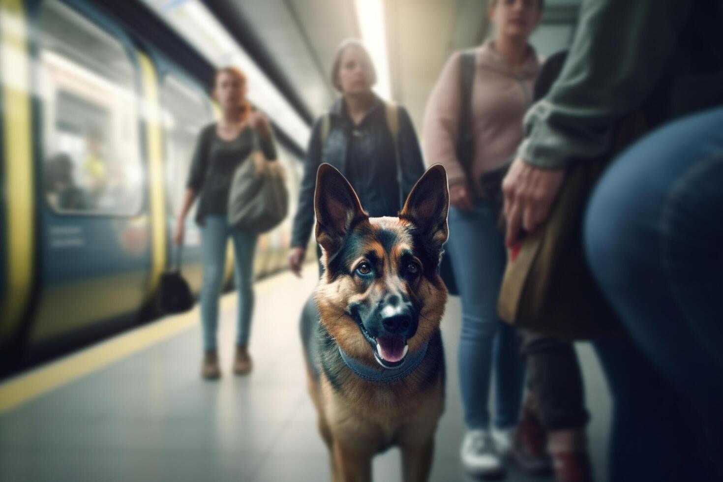 Patient Pooch Awaiting Departure in Subway Station photo