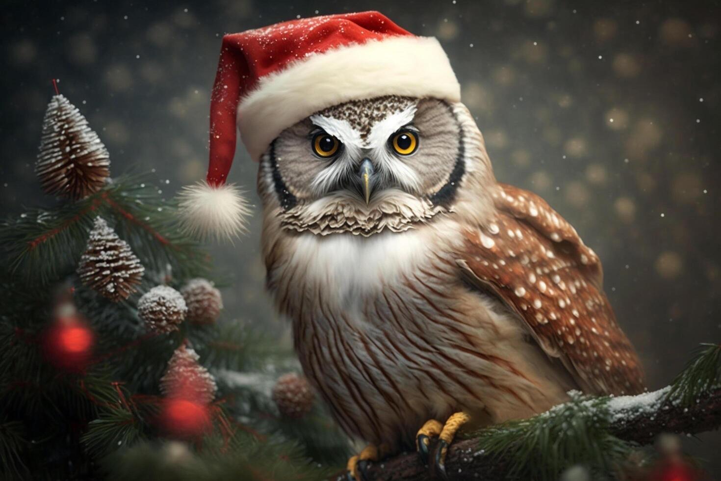 owl with a santa hat on a branch photo