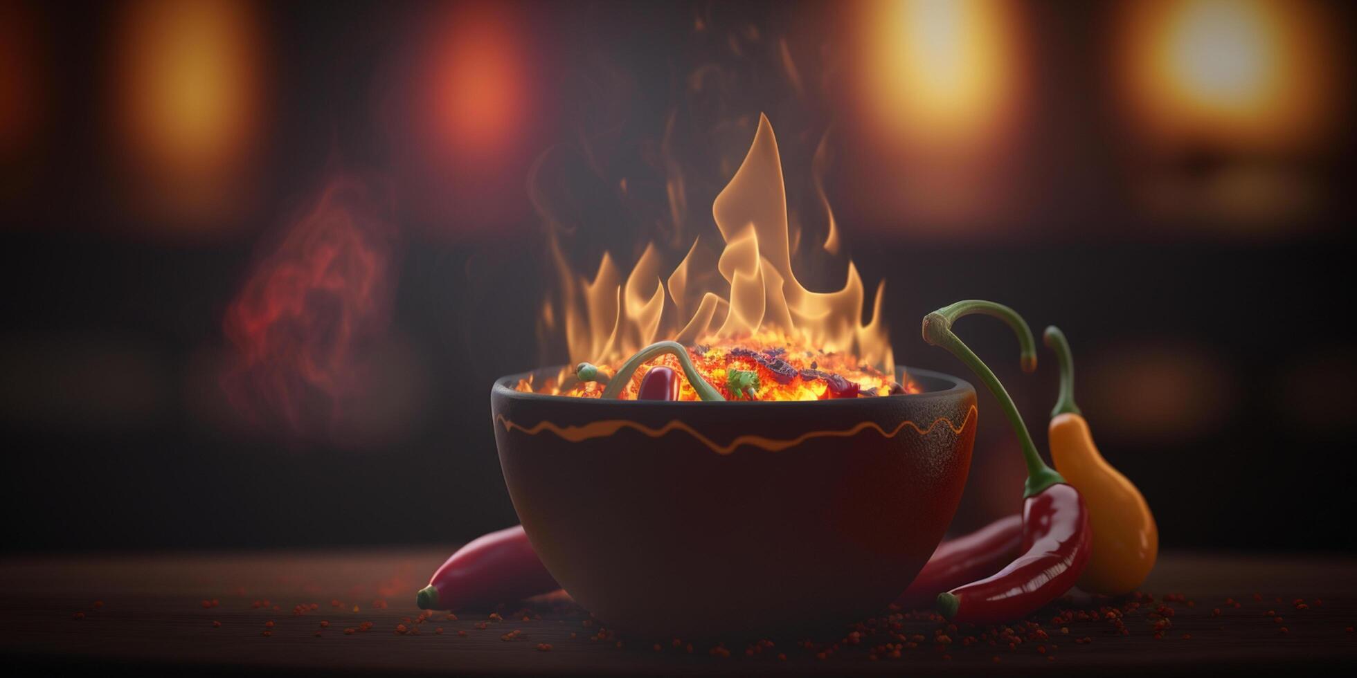 Illustration of Bowl of Chili with Chili Peppers, Flames and Fire photo