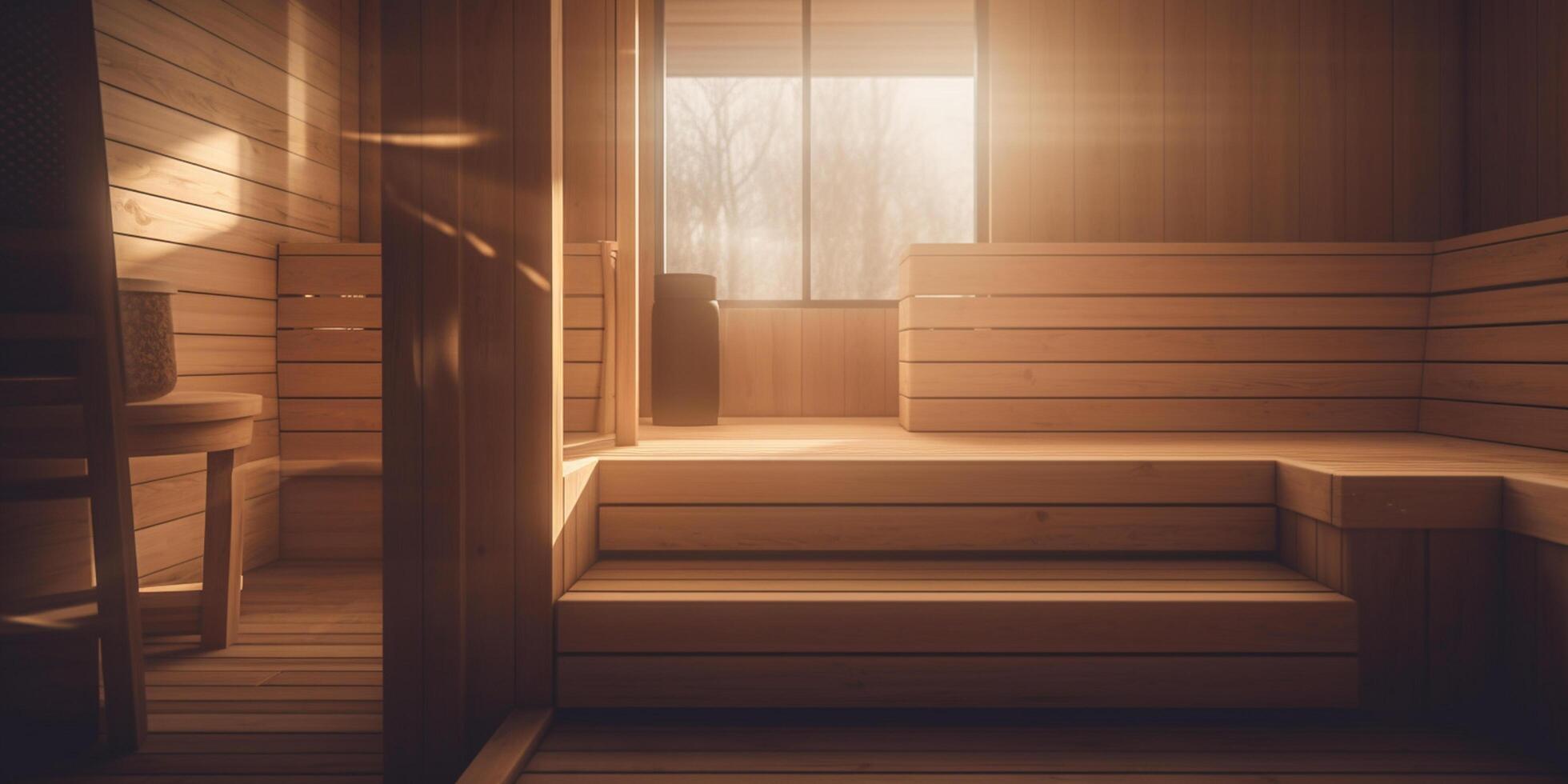 sereno sauna oasis calentar de madera interior bañado en luz de sol ai generado foto