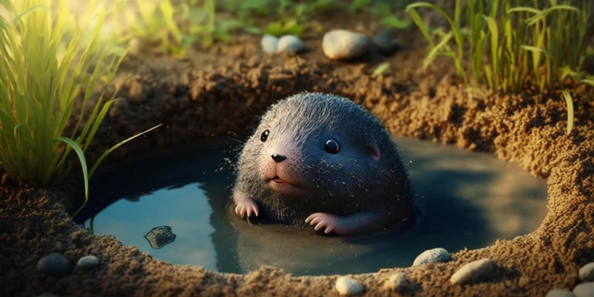 un gracioso y dulce Topo tomando un bañera en un pequeño charco ai generado foto