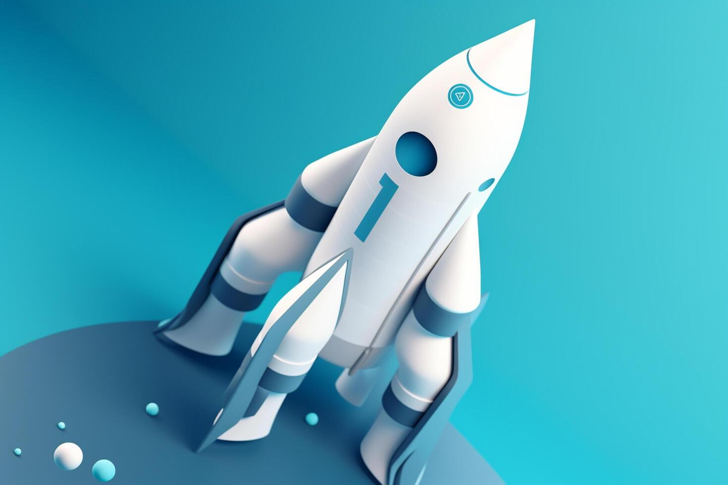 Symbolic 3D Rendering of White Rocket Model against Blue Background for Startup Concepts photo