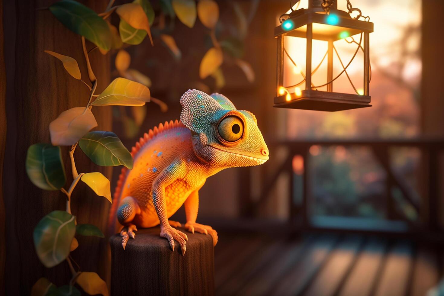 Charming Chameleon chilling near treehouse lantern photo