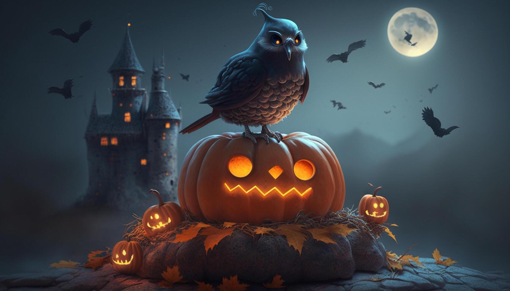 Enchanted Halloween Scene Crow Creature Perched on Glowing Pumpkin with Spooky Castle and Moon in Background photo