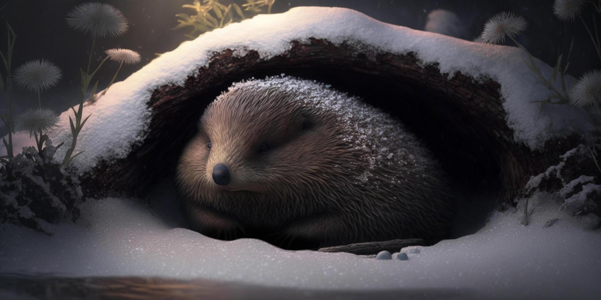 Lonely Mole peeking from his snow-covered burrow in the cold winter photo