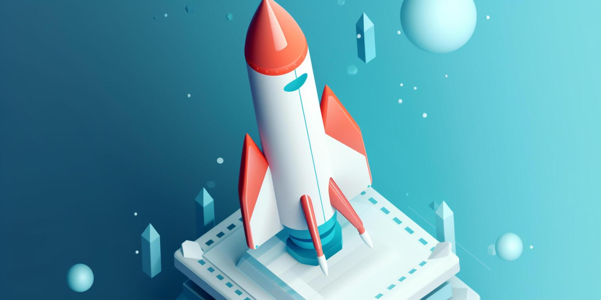 Symbolic 3D Rendering of White Rocket Model against Blue Background for Startup Concepts photo