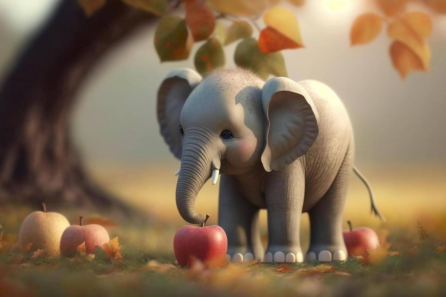 Adorable Little Elephant Under an Apple Tree with an Apple photo