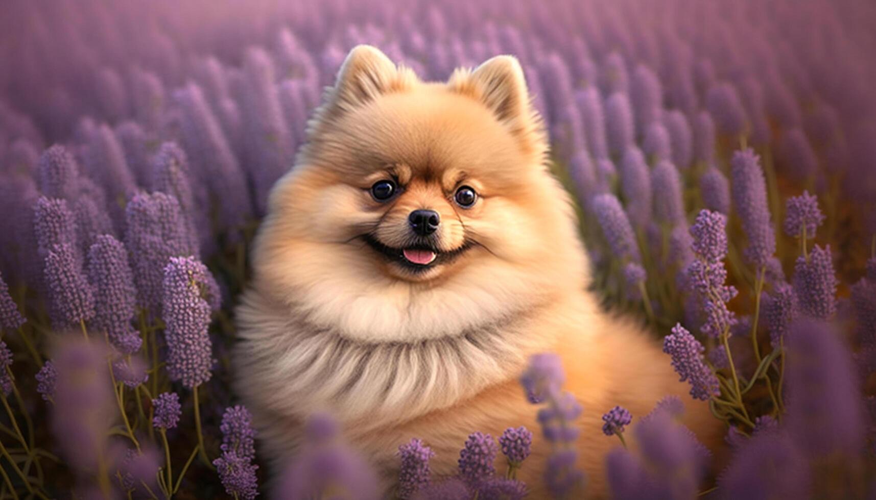 Pomeranian Pup Ponders in a Picturesque Purple Paradise of Lavender Fields photo