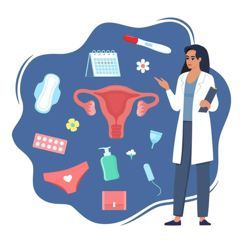 Womans health concept. Menstruation, period, female uterus, reproductive system. Doctor gynecologist standing with clipboard, pregnancy test, tampon, calendar, pads, menstrual cup, pants. Vector. vector