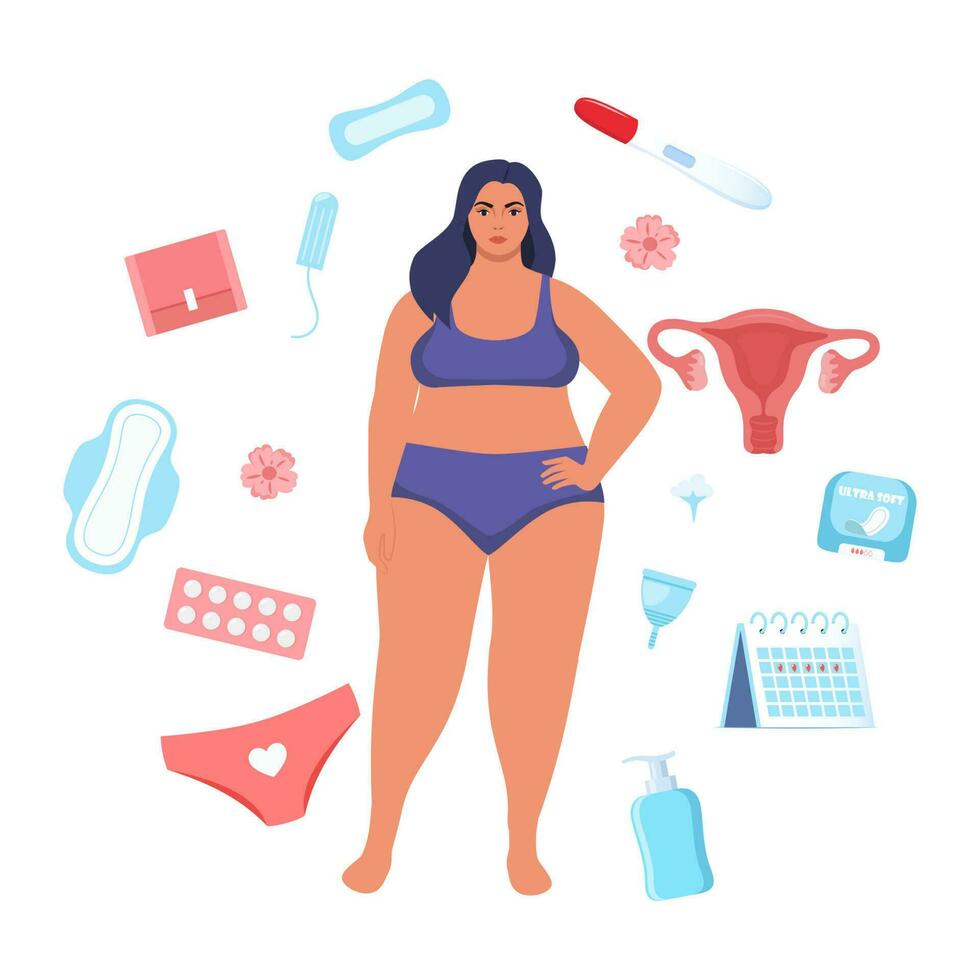 Womans health concept. Menstruation, period, female uterus, reproductive system. Woman, pregnancy test, tampon, calendar, womb, pads, menstrual cup, pants. Vector illustration.