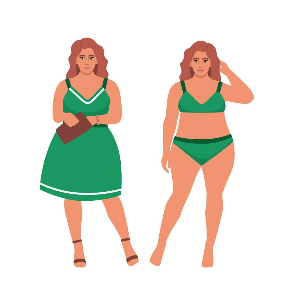 Oversize obesity, pretty large lady in beautiful fashionable clothes and in underwear. Body positive woman. Plus size female character. Attractive curvy, overweight girl. Vector illustration.