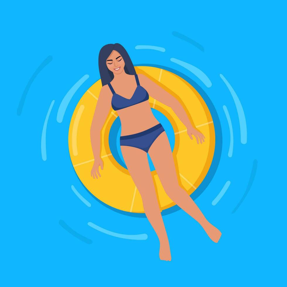 Happy woman in swimsuit floating on rubber ring in swimming pool or in the sea. Relaxation, enjoying life concept. Vector Illustration.