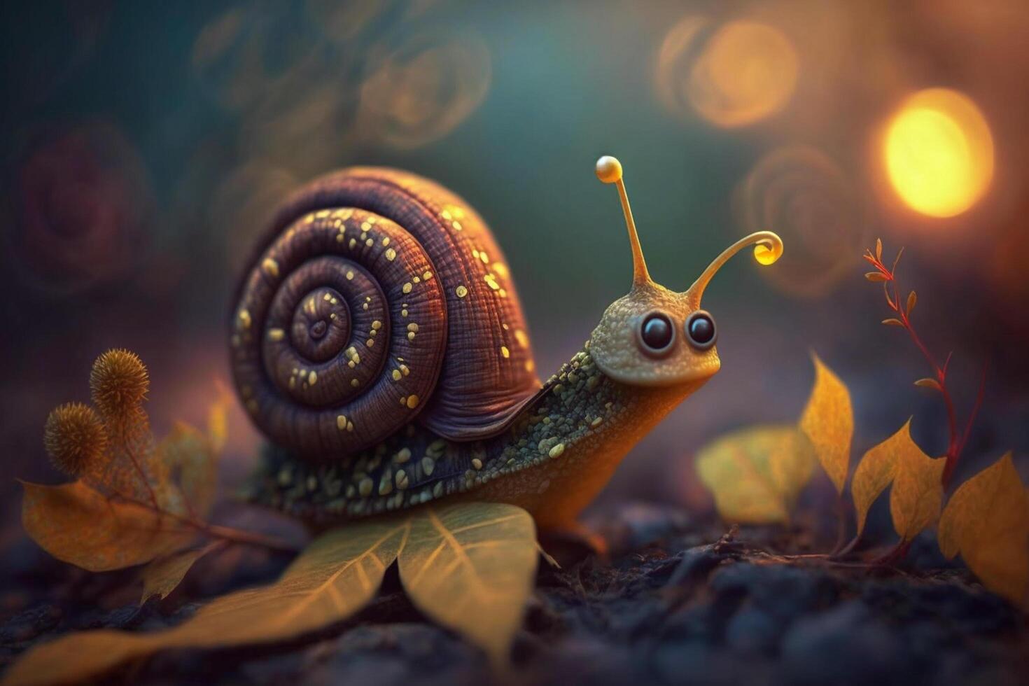 A funny fairytale snail in autumn between brown leaves photo