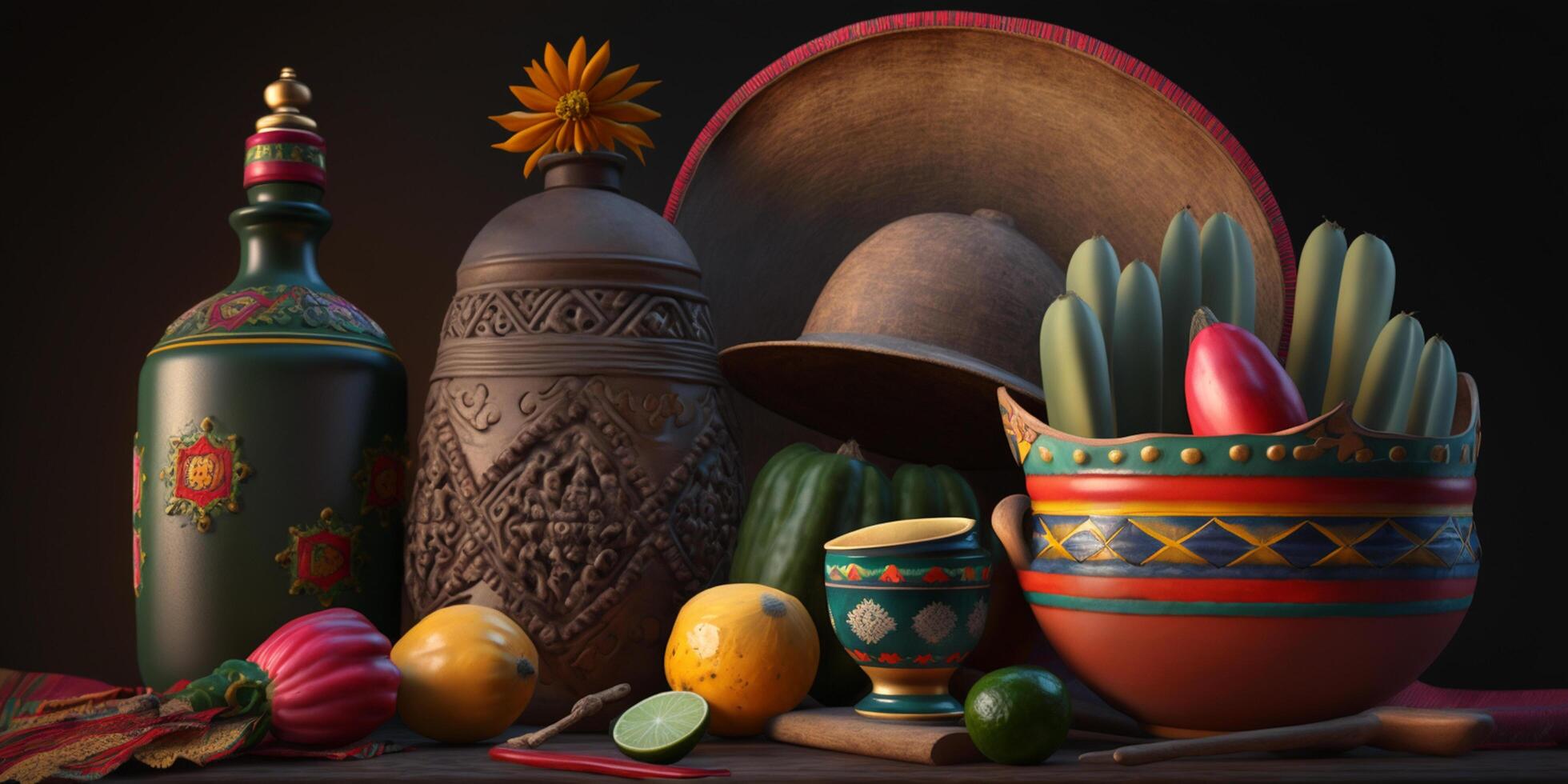 A Cinco de Mayo Mexican Still Life with Bokeh, a Mexican Hat and Cacti photo