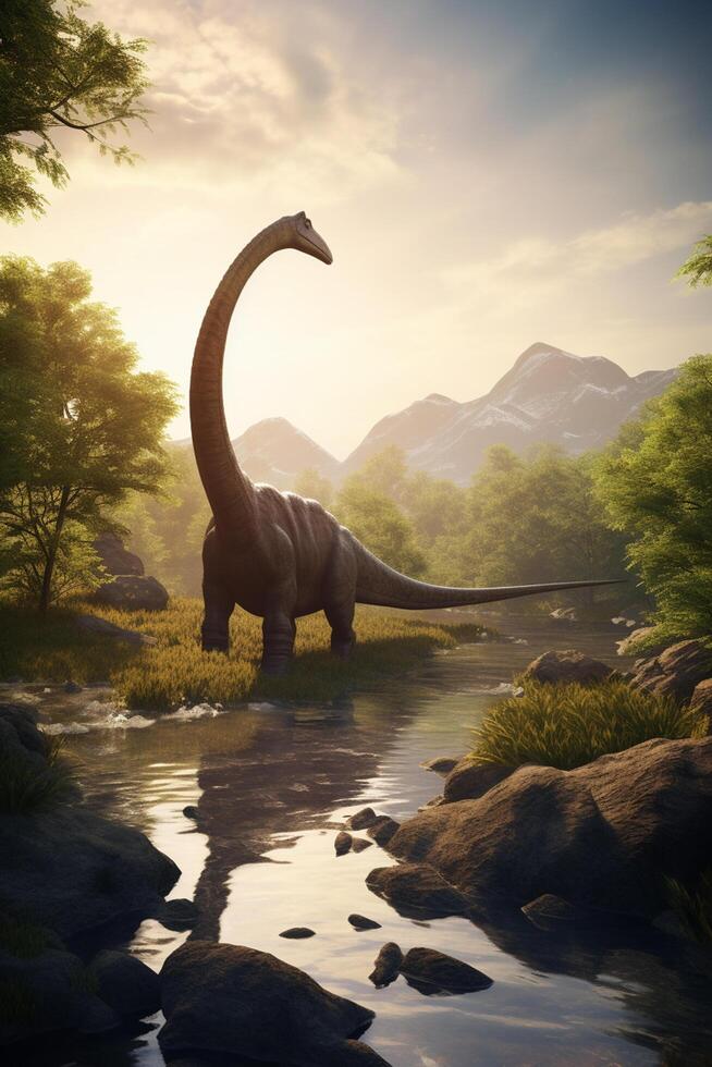 Majestic Giants of the Prehistoric World A Realistic Illustration Showcasing the Brachiosaurus in an Enchanting Prehistoric Landscape photo
