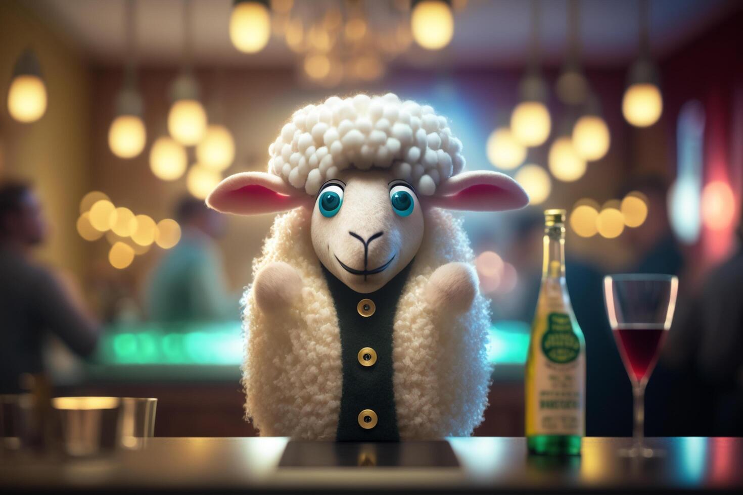 Cute and Hilarious Woolen Sheep Serving as a Bartender in a Bar photo
