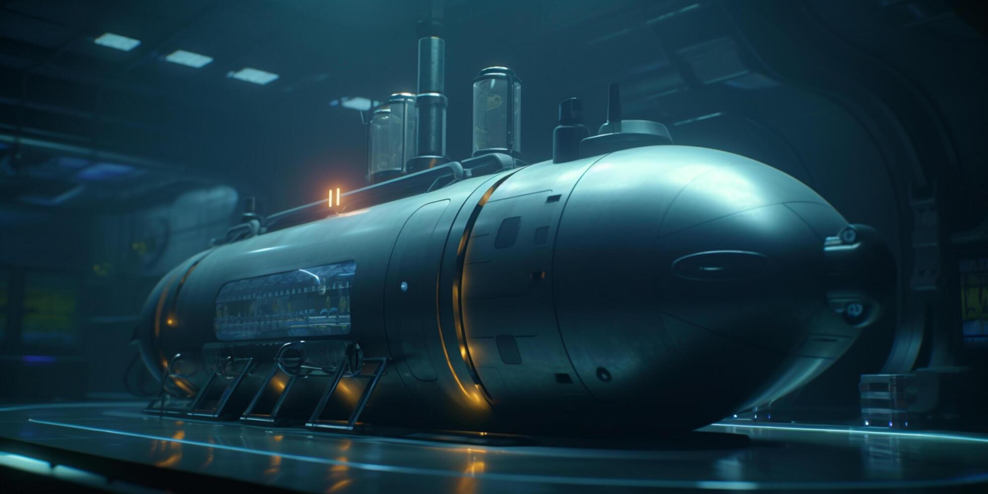 futurista submarino en submarino hangar con azul ligero efectos ai generado foto