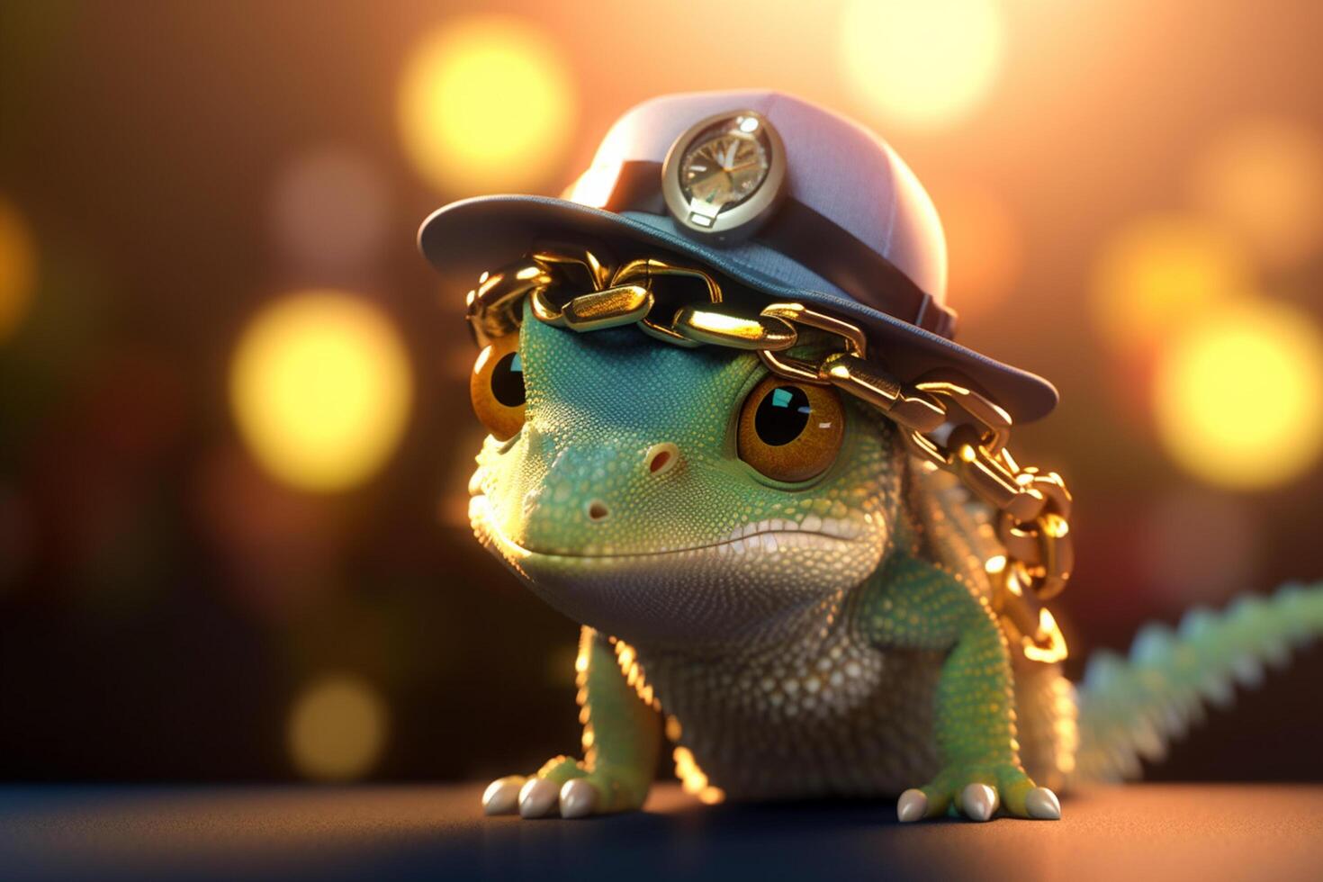 The Gangsta Chameleon With a Cap and Gold Chains photo